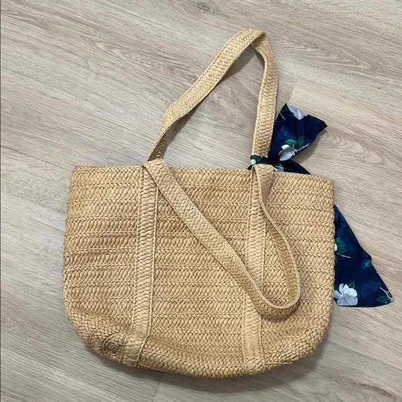 Tan and Blue Tote Bag with Floral Accent - Picture 4 of 4